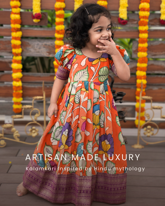 LATA | Girls floral Orange kalamkari print gown