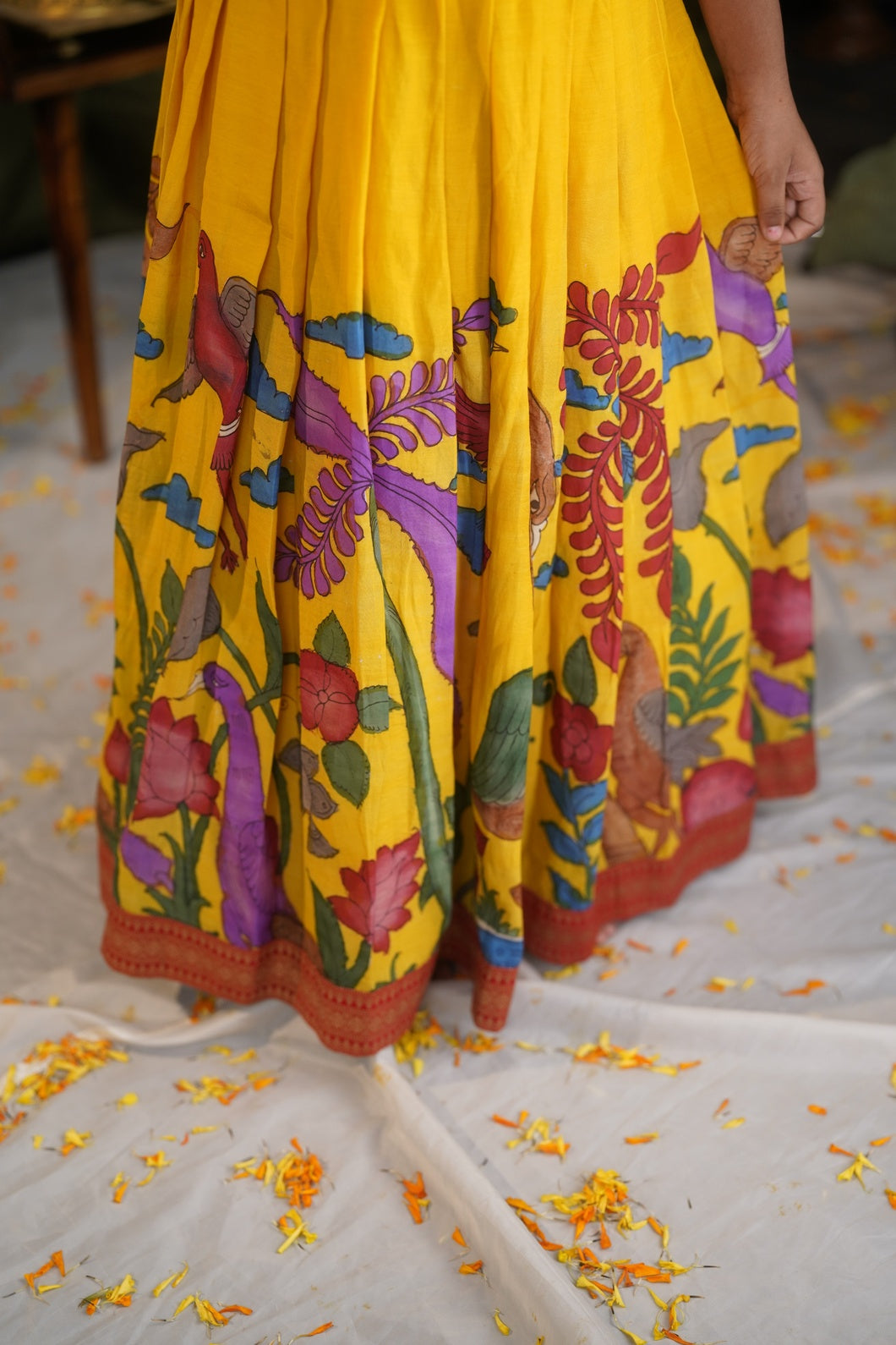 SURYAKANTHI | Girls Bright Yellow Kalamkari Lehenga with Red Blouse