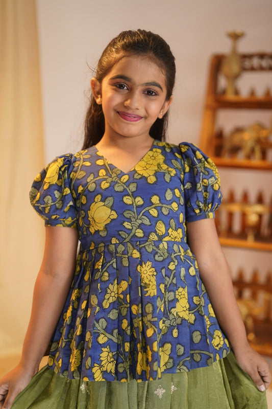 NEMALI | Girls Kalamkari Blouse with Tissue Lehenga Set