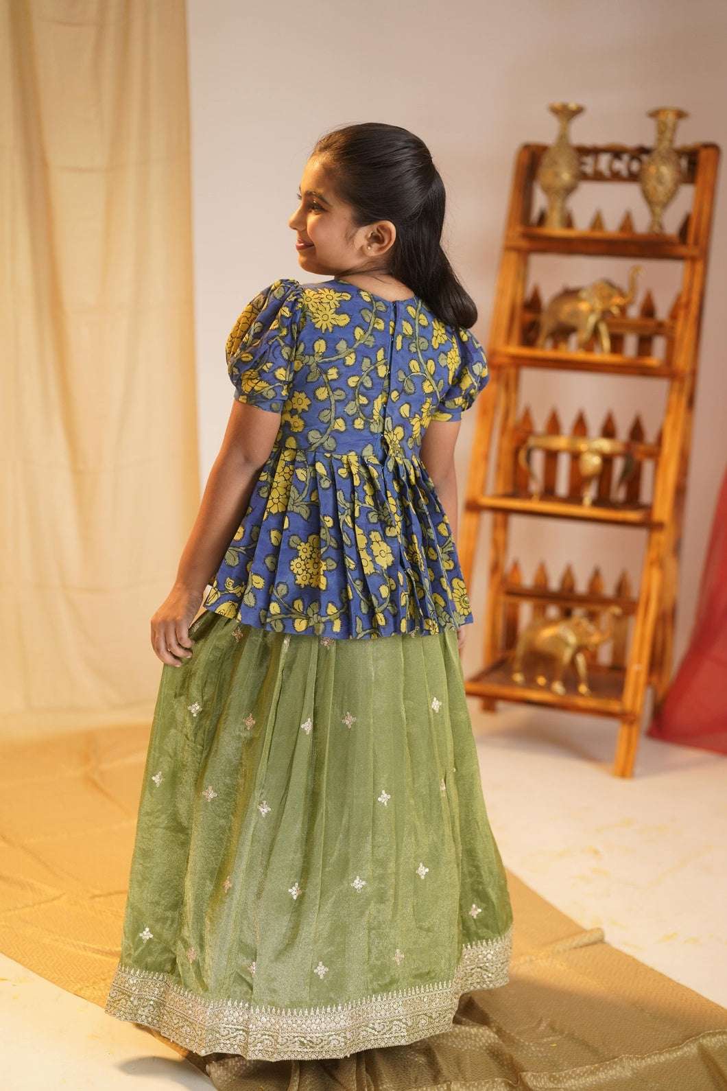 NEMALI | Girls Kalamkari Blouse with Tissue Lehenga Set