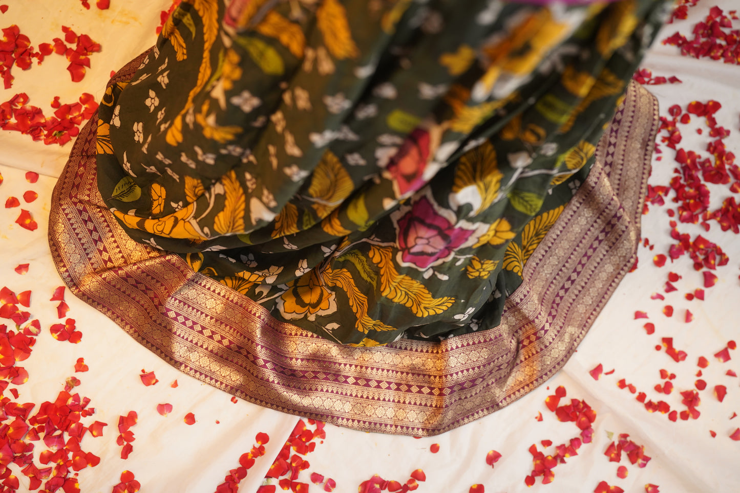 ARANYAM | Floral Forest Green Kalamkari Gown with Sequin Overcoat