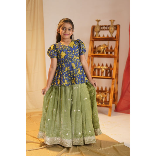 NEMALI | Girls Kalamkari Blouse with Tissue Lehenga Set