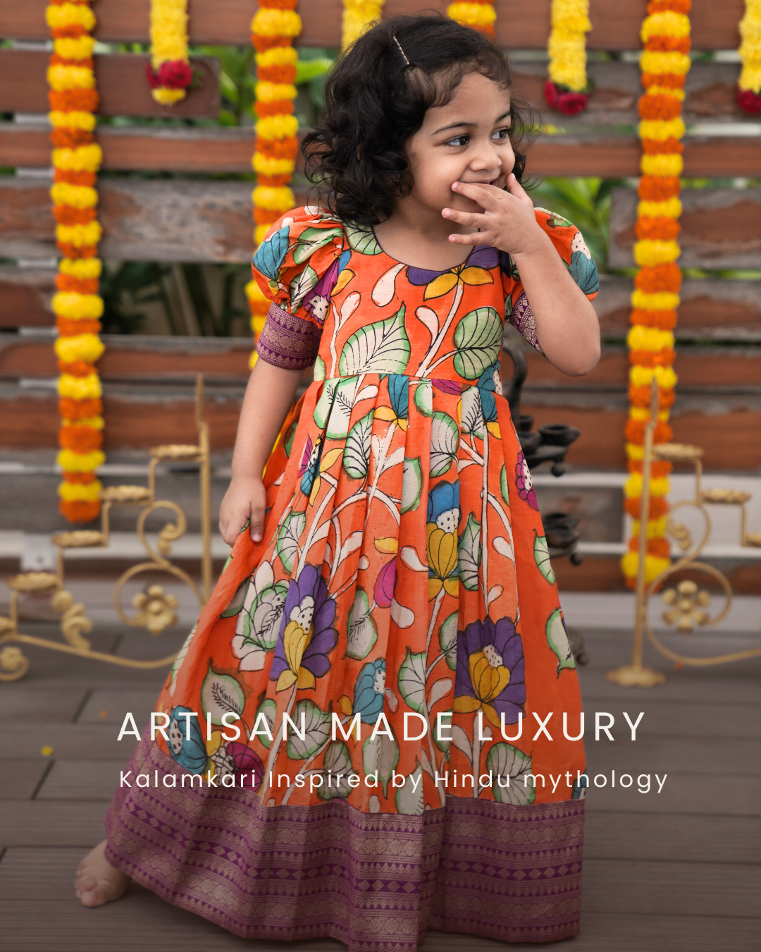 LATA | Girls floral Orange kalamkari print gown