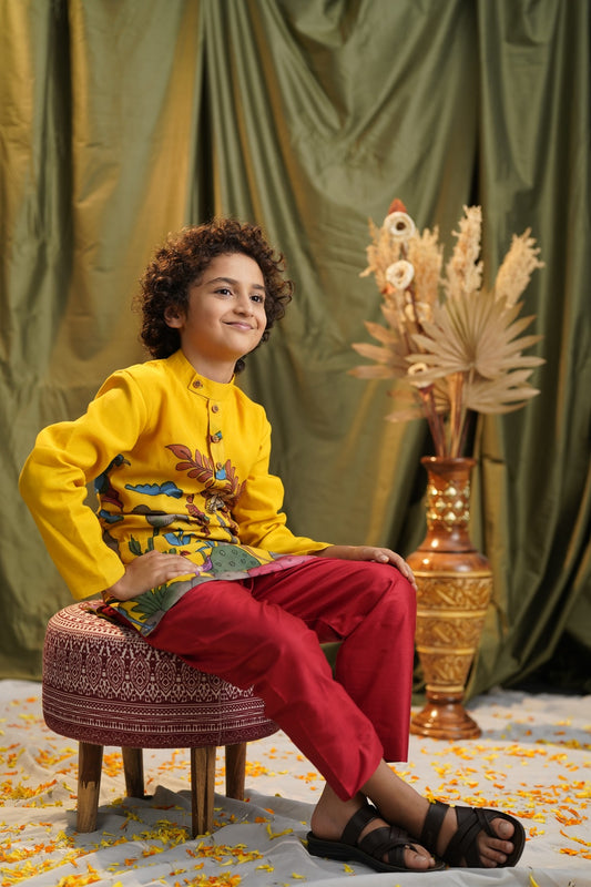 SURYAKANTHI  | Boy’s Bright Yellow Kalamkari Kurta with Red Pants