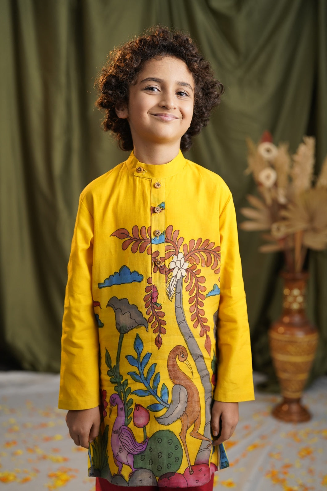 SURYAKANTHI  | Boy’s Bright Yellow Kalamkari Kurta with Red Pants