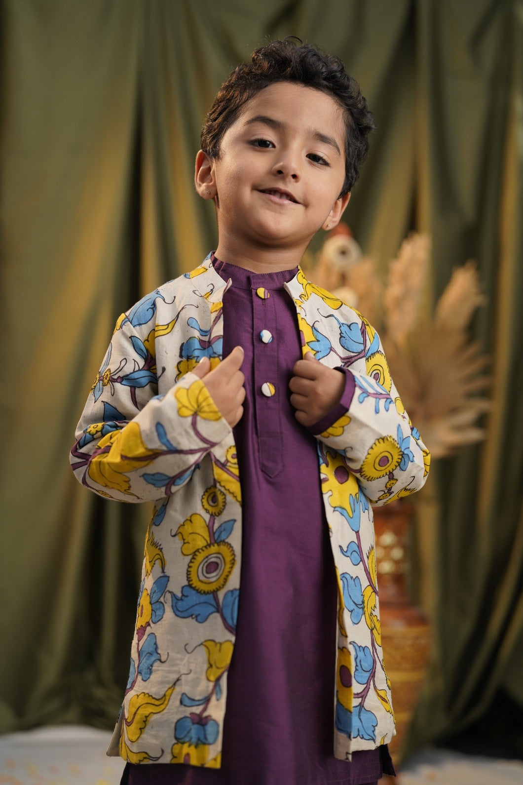 NEREDU | Boys Elegant Kurta Pant Set with Kalamkari Overcoat