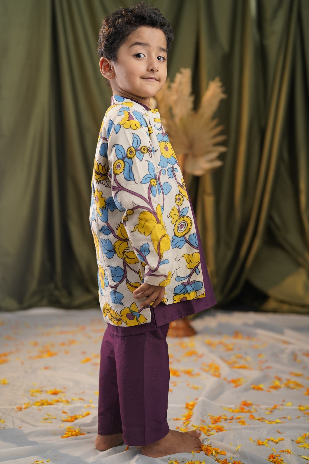 NEREDU | Boys Elegant Kurta Pant Set with Kalamkari Overcoat