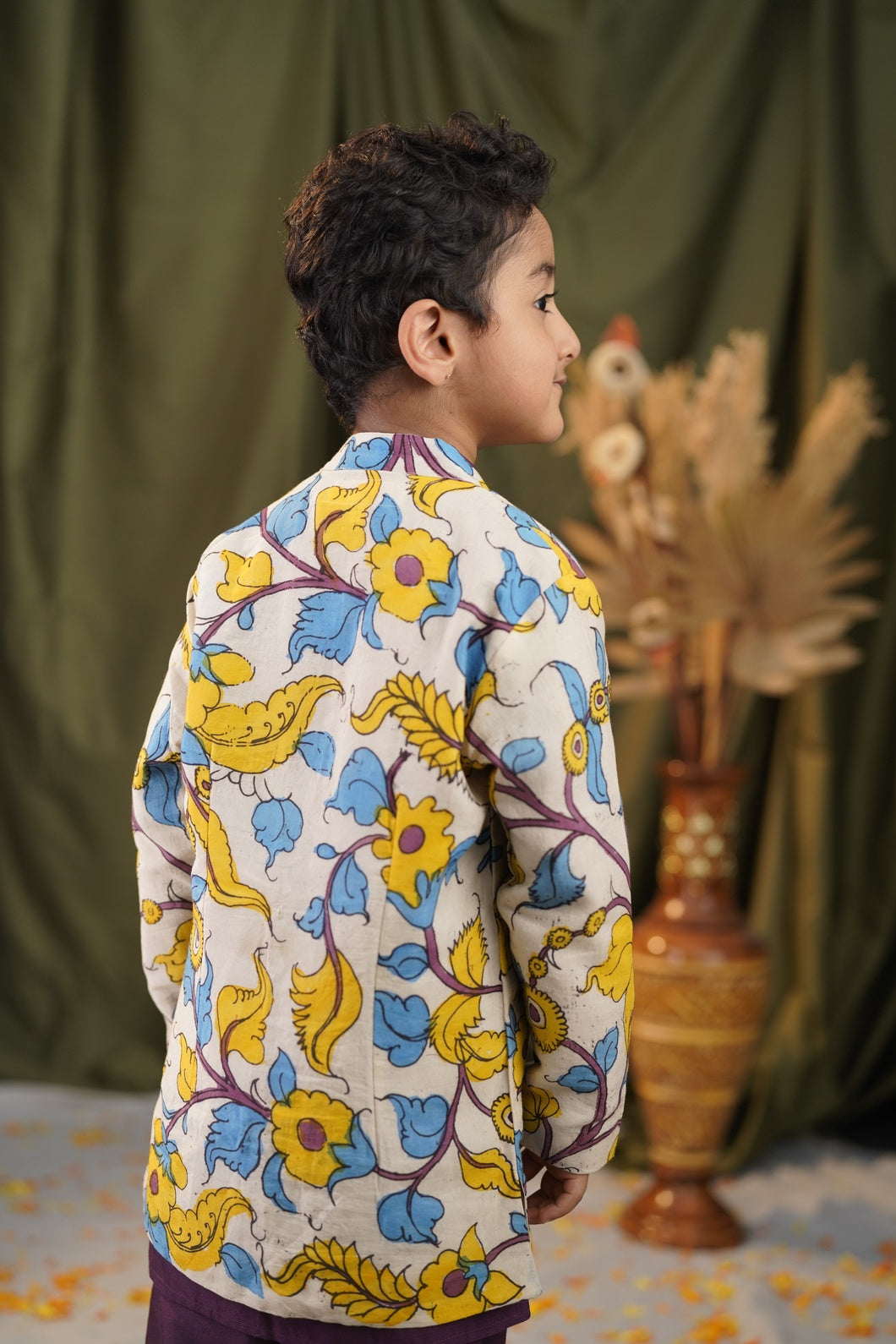 NEREDU | Boys Elegant Kurta Pant Set with Kalamkari Overcoat