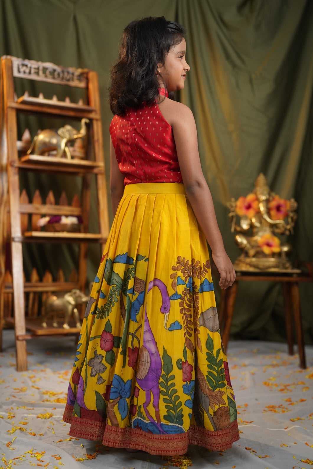 SURYAKANTHI | Girls Bright Yellow Kalamkari  Lehenga with Red Blouse