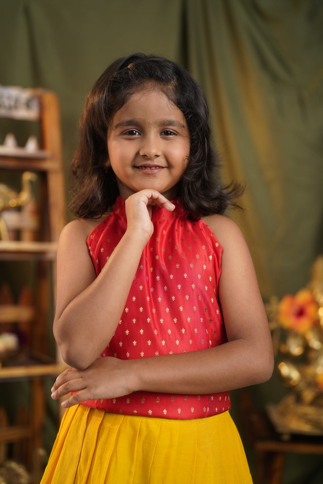 SURYAKANTHI | Girls Bright Yellow Kalamkari  Lehenga with Red Blouse