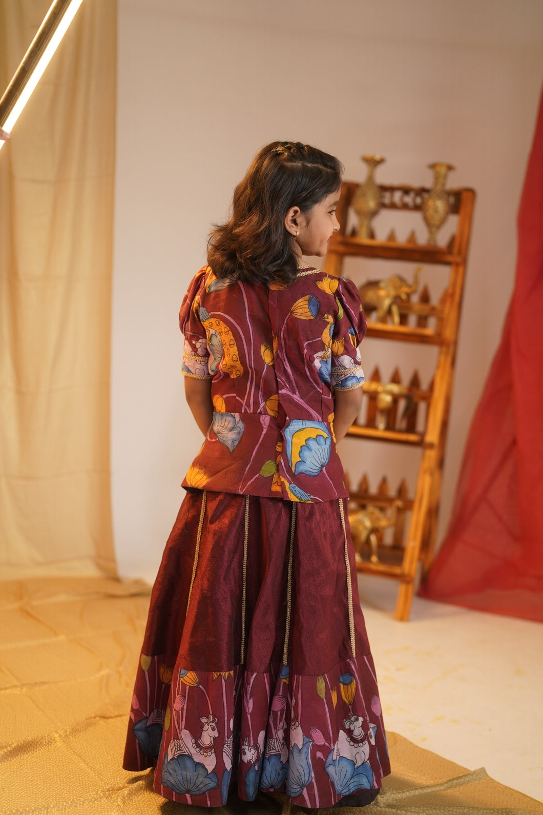 KAMADHENU | Maroon Kalamkari Lehenga Blouse Set with Lace Finish