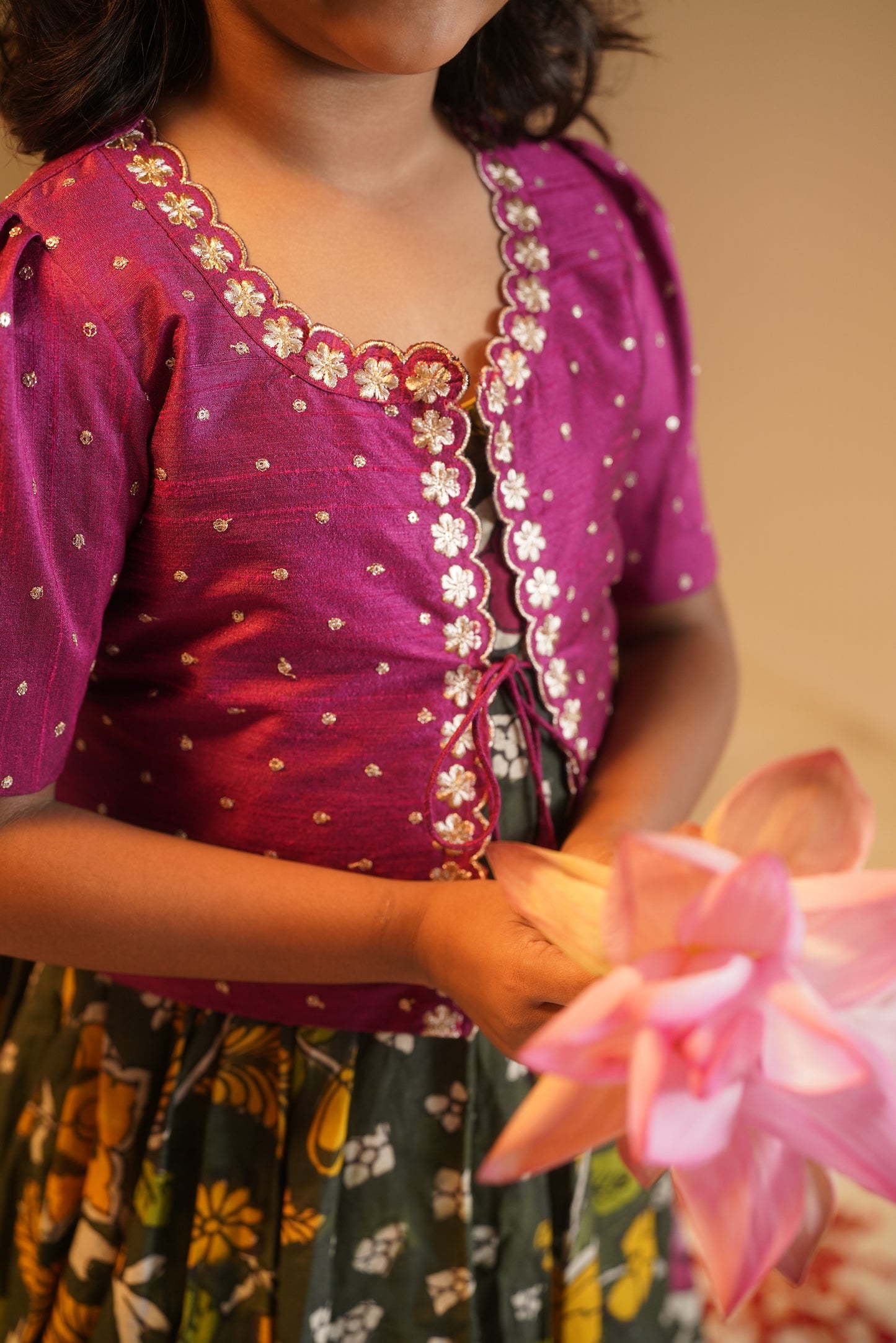 ARANYAM | Floral Forest Green Kalamkari  Gown with Sequin Overcoat