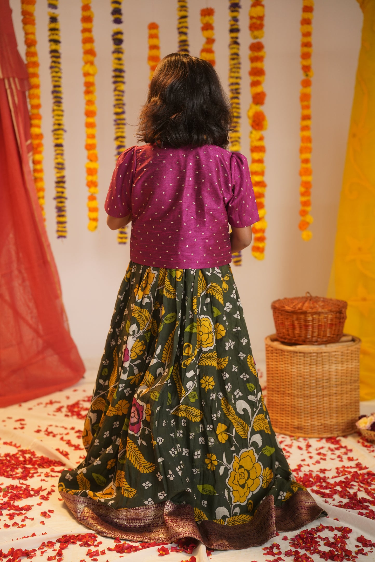 ARANYAM | Floral Forest Green Kalamkari  Gown with Sequin Overcoat