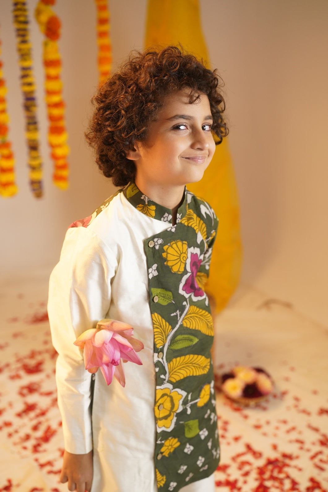 ARANYAM | Boys Forest Green Kalamkari Kurta and Pant Set