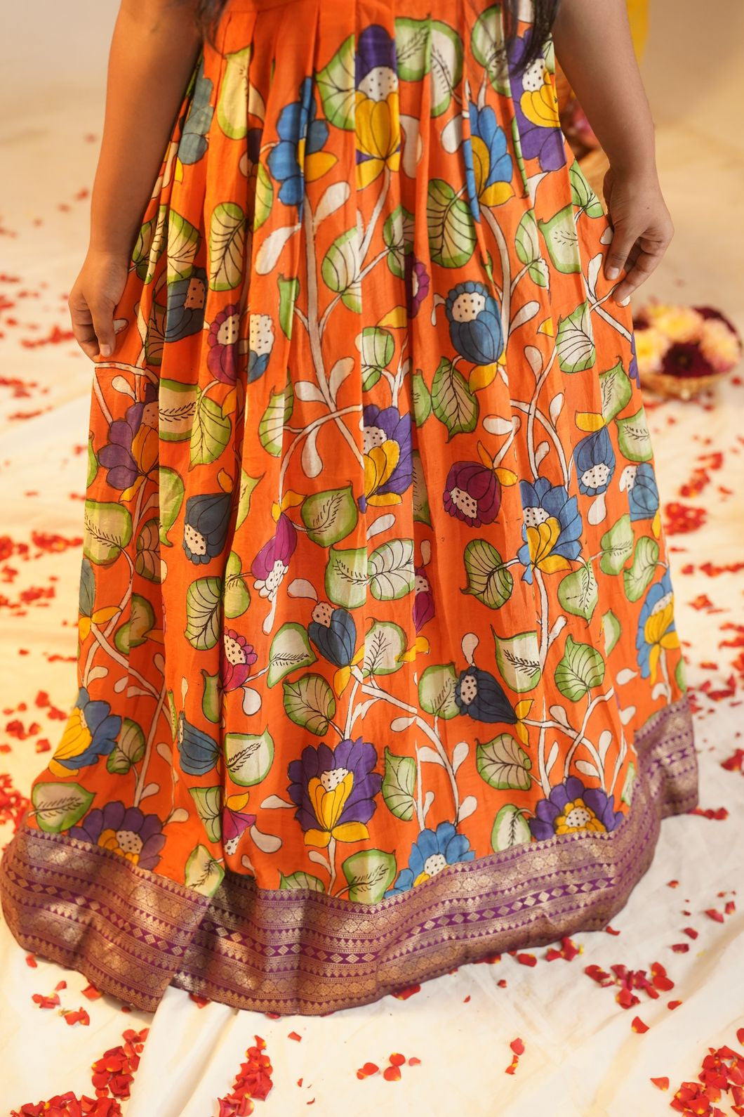 LATA | Girls floral Orange kalamkari print gown