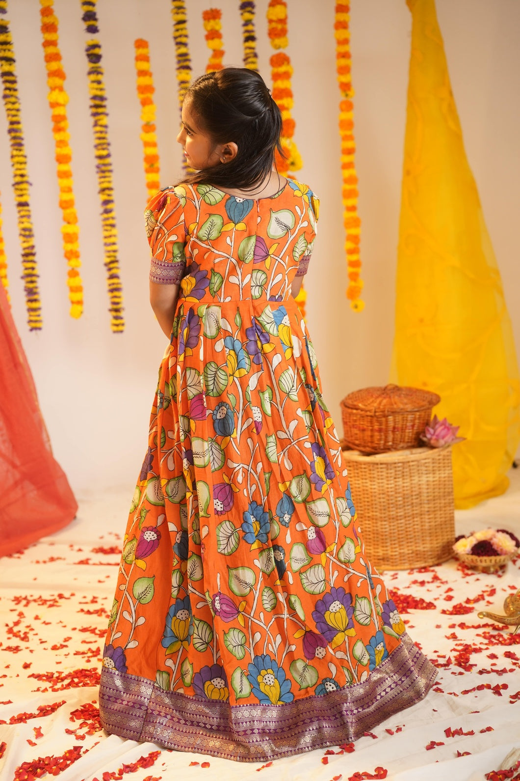 LATA | Girls floral Orange kalamkari print gown