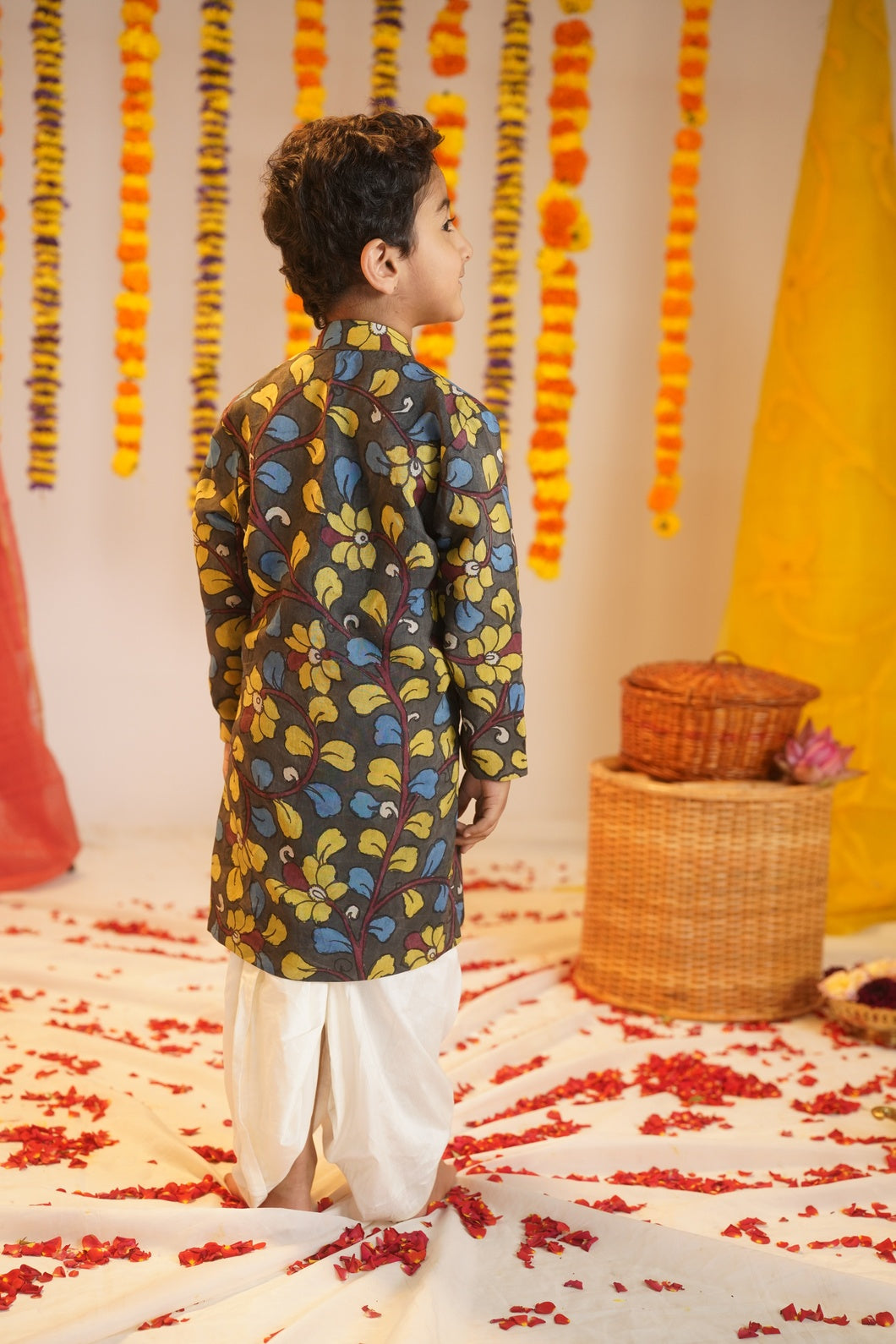 KAAMANCHI | Boy’s Traditional Dhoti and Grey Kalamkari Kurta Set