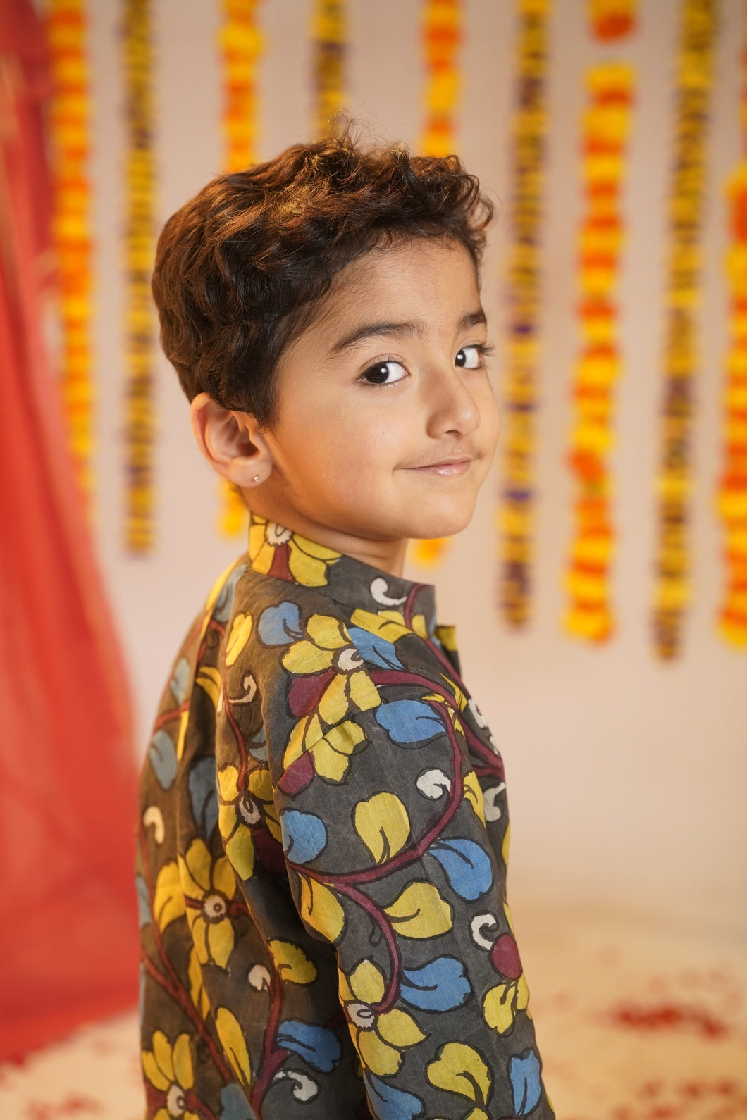 KAAMANCHI | Boy’s Traditional Dhoti and Grey Kalamkari Kurta Set