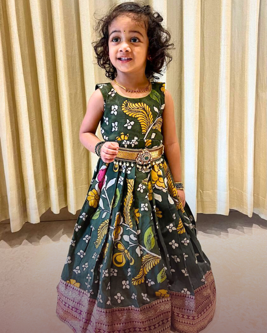 ARANYAM | Floral Forest Green Kalamkari  Gown with Sequin Overcoat