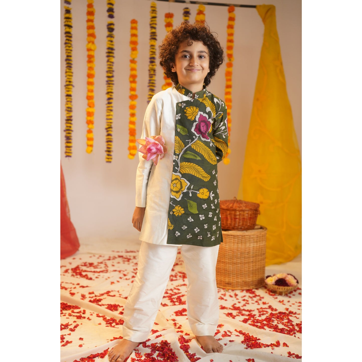 ARANYAM | Boys Forest Green Kalamkari Kurta and Pant Set