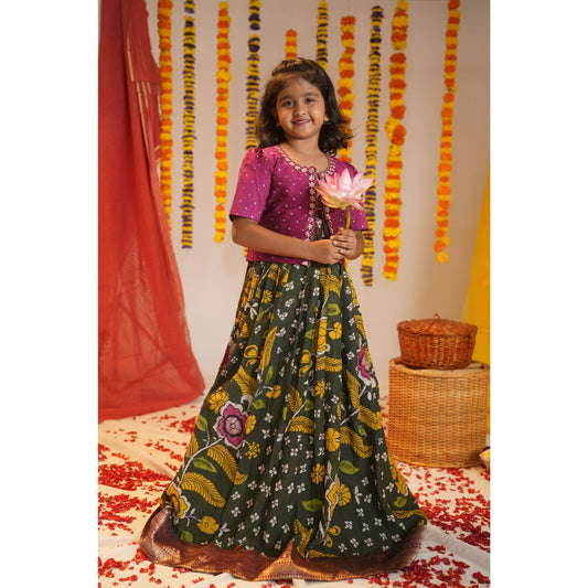 ARANYAM | Floral Forest Green Kalamkari  Gown with Sequin Overcoat