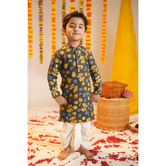 KAAMANCHI | Boy’s Traditional Dhoti and Grey Kalamkari Kurta Set