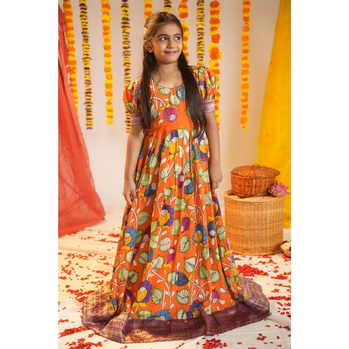 LATA | Girls floral Orange kalamkari print gown