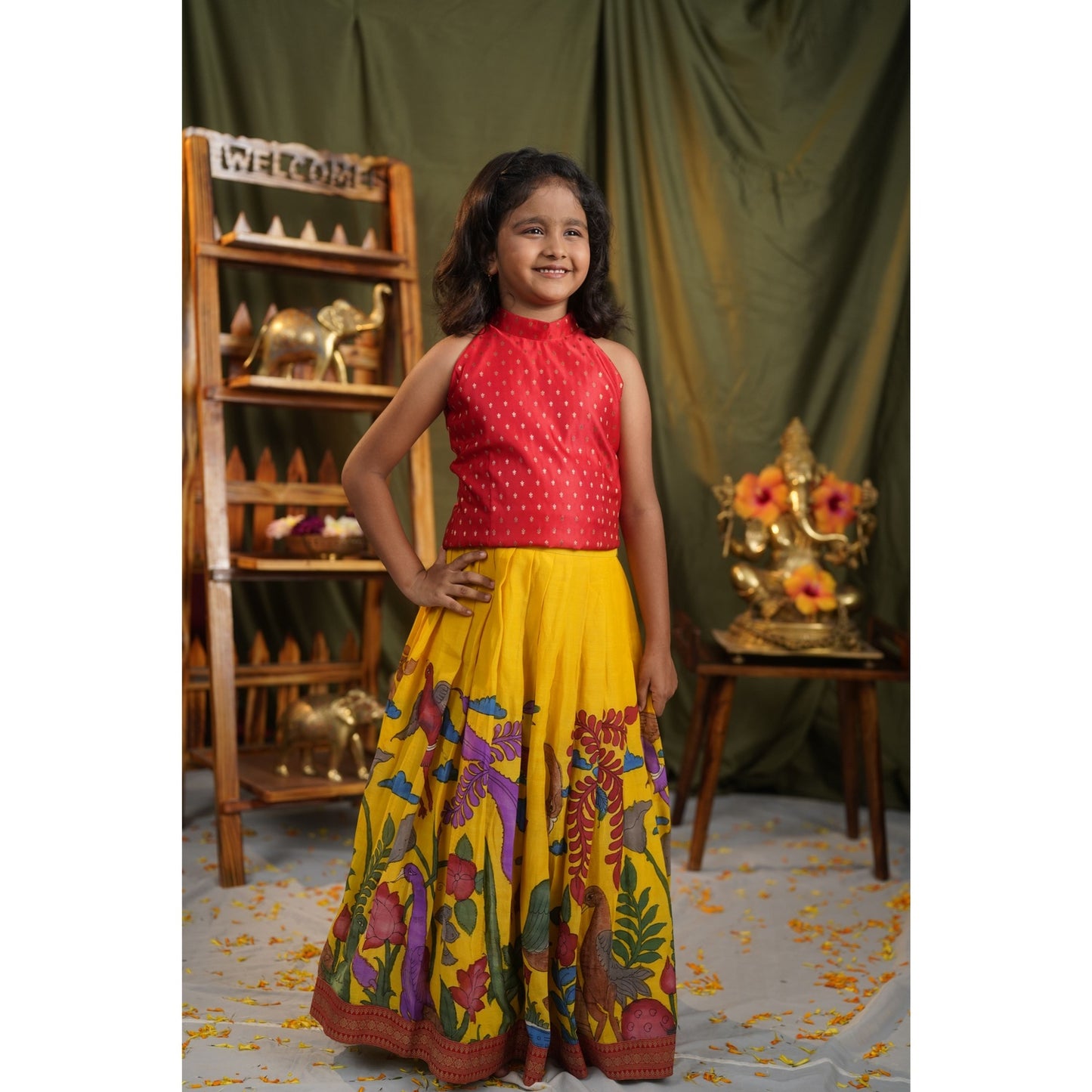 SURYAKANTHI | Girls Bright Yellow Kalamkari  Lehenga with Red Blouse