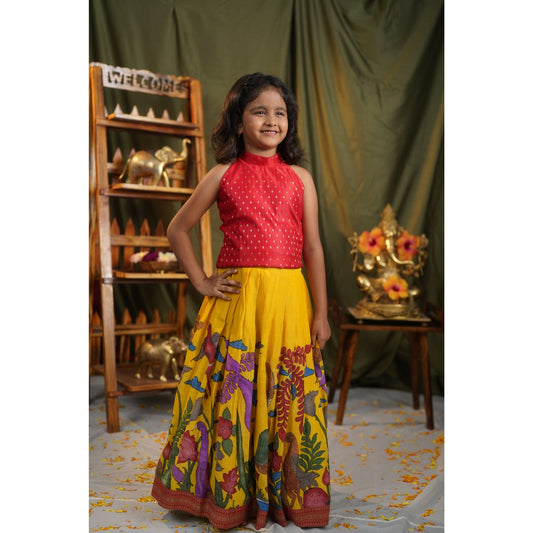 SURYAKANTHI | Girls Bright Yellow Kalamkari  Lehenga with Red Blouse