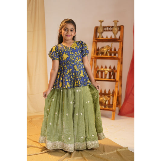 NEMALI  | Girls Kalamkari Blouse with Tissue Lehenga Set