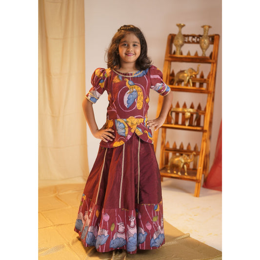 KAMADHENU | Maroon Kalamkari Lehenga Blouse Set with Lace Finish