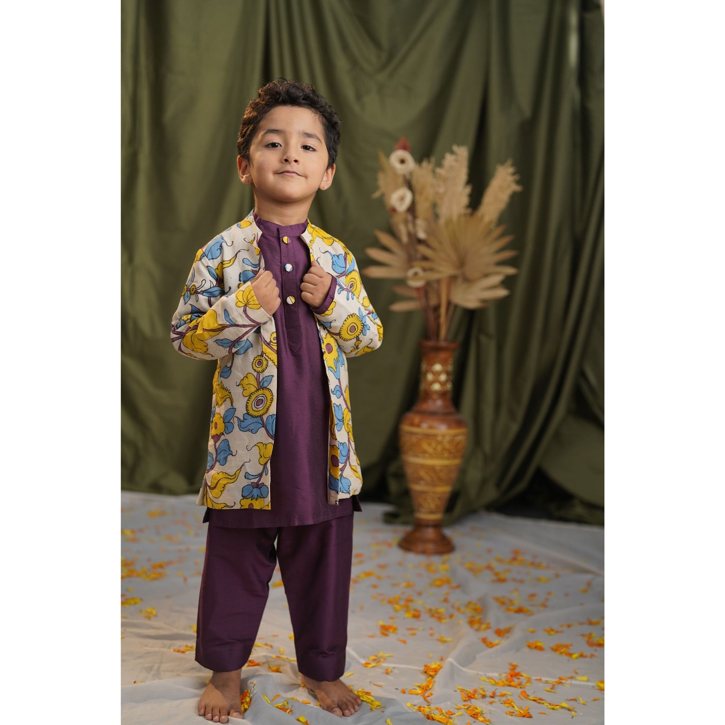 NEREDU | Boys Elegant Kurta Pant Set with Kalamkari Overcoat