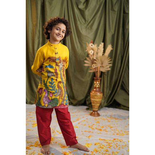 SURYAKANTHI  | Boy’s Bright Yellow Kalamkari Kurta with Red Pants